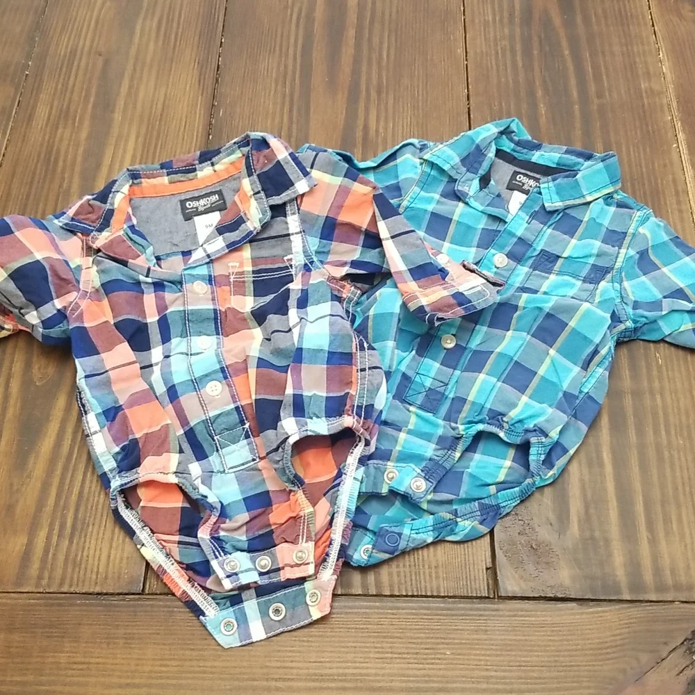 Oshkosh Buttondown Collared Plaid Bodysuits 9m